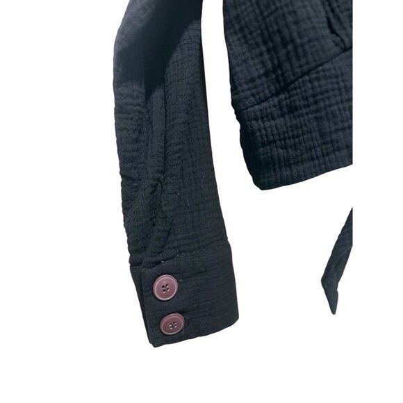 Free People Tie Front Button Down Blouse Large Black Gauze Long Sleeve Dark Boho - Picture 12 of 15